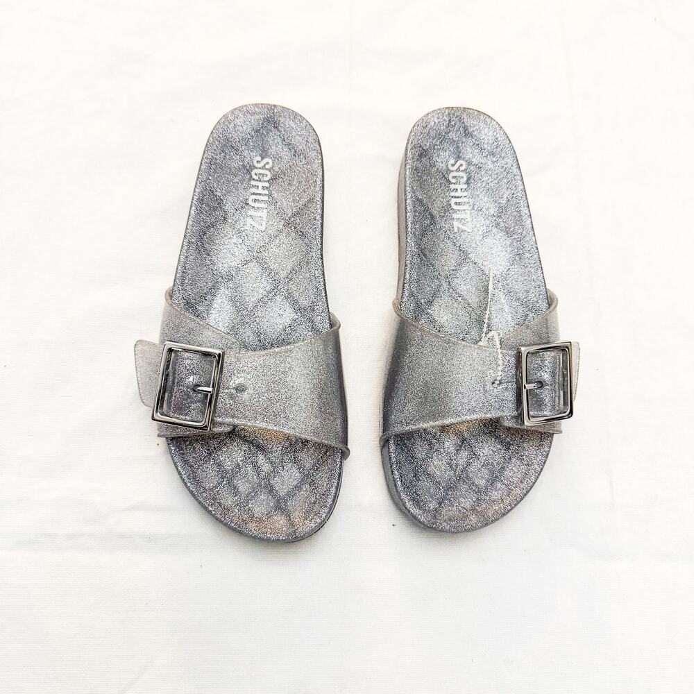 Schutz Tania Glitter Buckle Slides Silver / Gray MINT Size 4/5